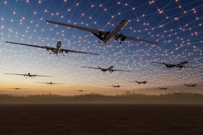Swarm of Autonomous Military Drones Connected by Digital Network