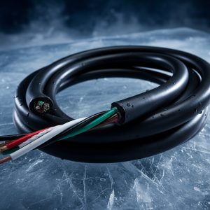 black multi-conductor cable laying on a sheet of ice