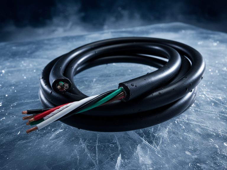black multi-conductor cable laying on a sheet of ice